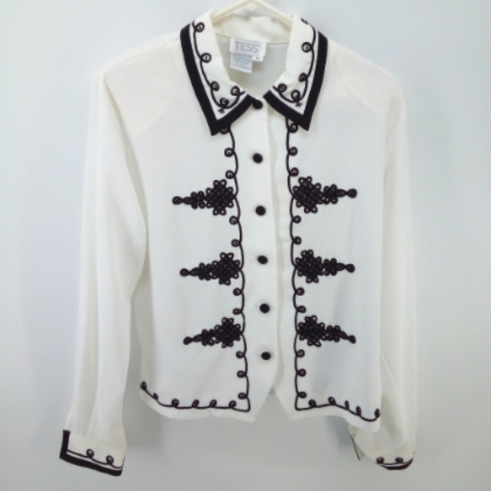 Vintage Beaded Black White Formal Blouse Shoulder Pads Tess 14